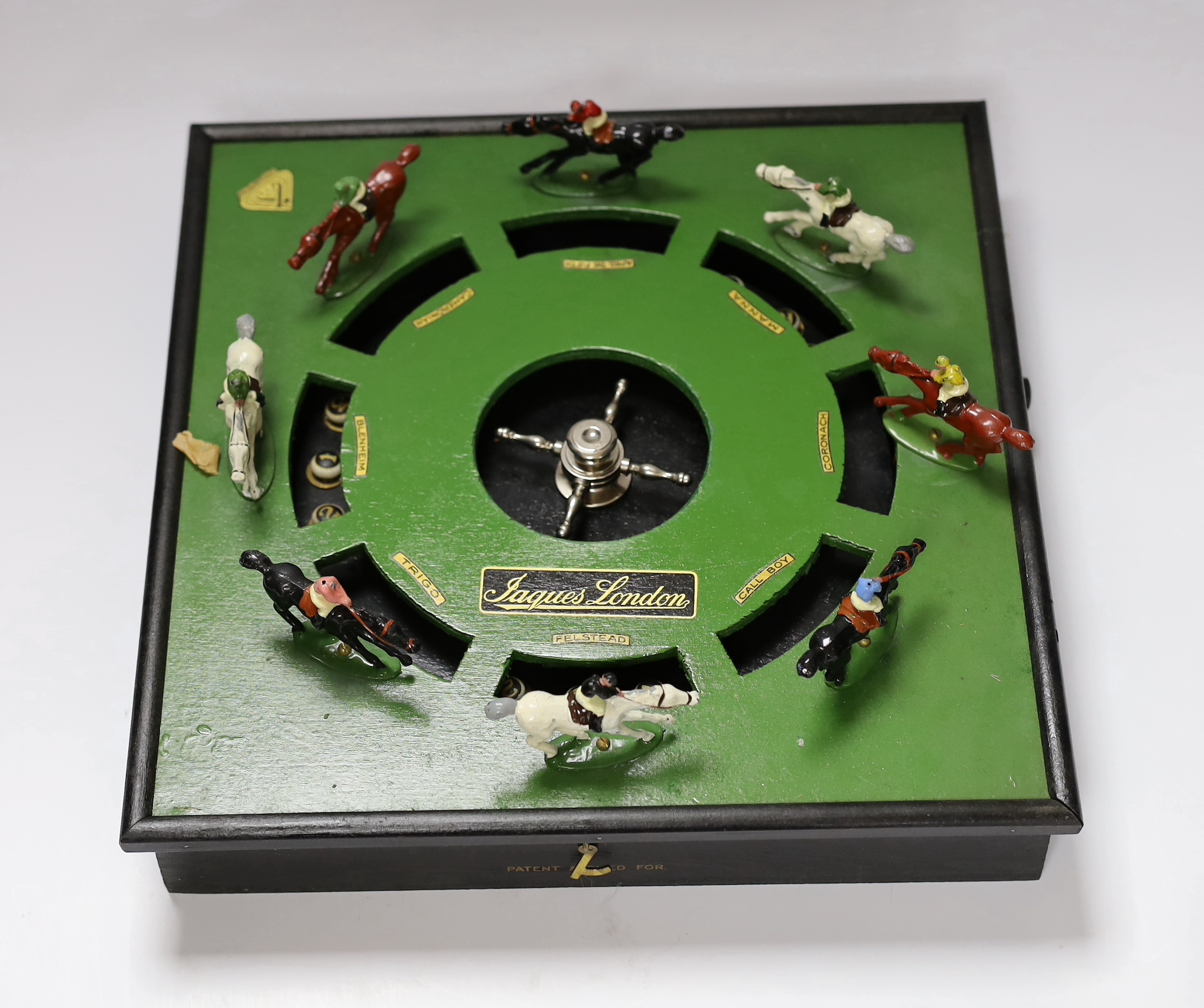 A boxed pre-war Jaques Electrical All Star Derby game, box 36cm x 35cm x 13cm